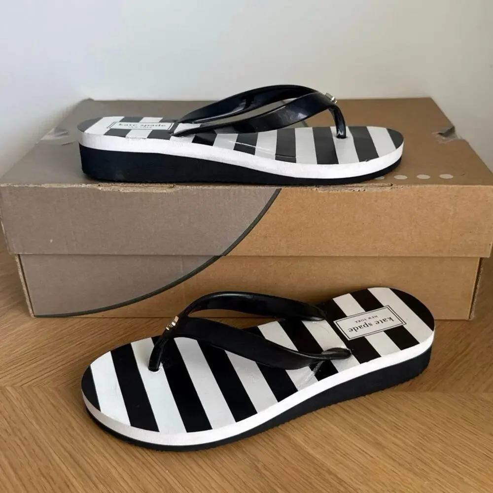Kate Spade Black/White Striped Women Wedge Sandals - SZ 5
